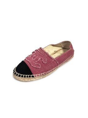 Chanel CC Logo Linen Pink Black Espadrilles Flats Shoes 38